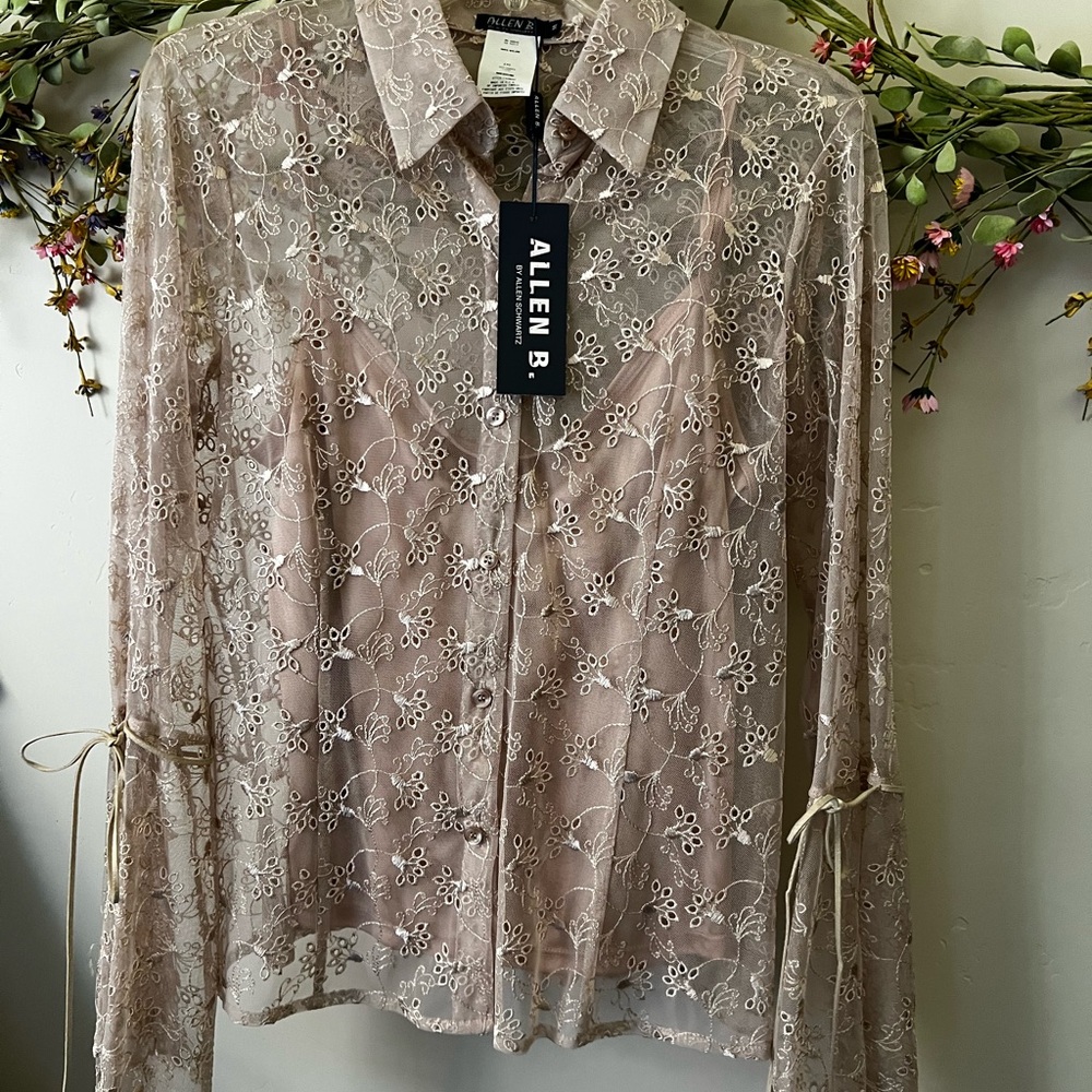 NWT Allen B. By Allen Schwartz Beige & Tan Embellished Blouse Notched Collar Set